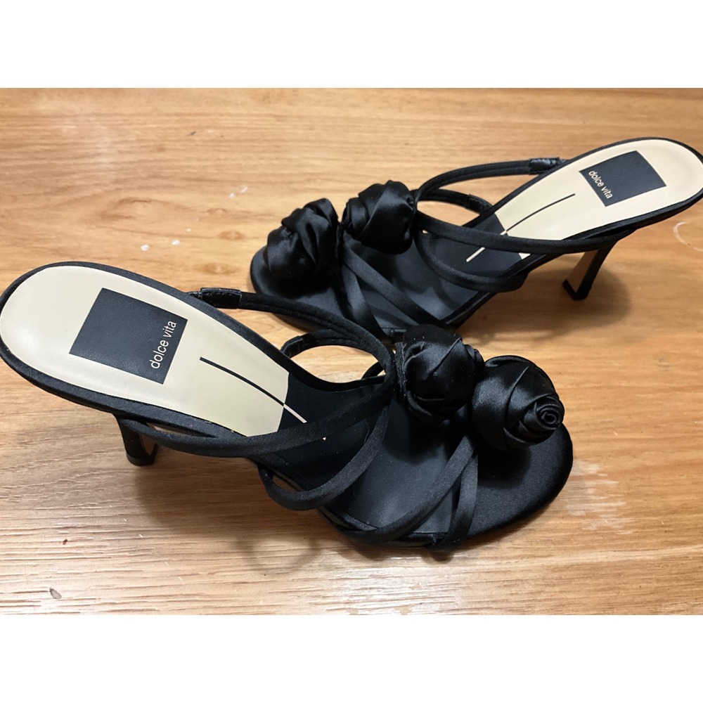 Dolce Vita Black Satin Rosette Strappy Heeled Sandals Women 7 Stiletto Floral
